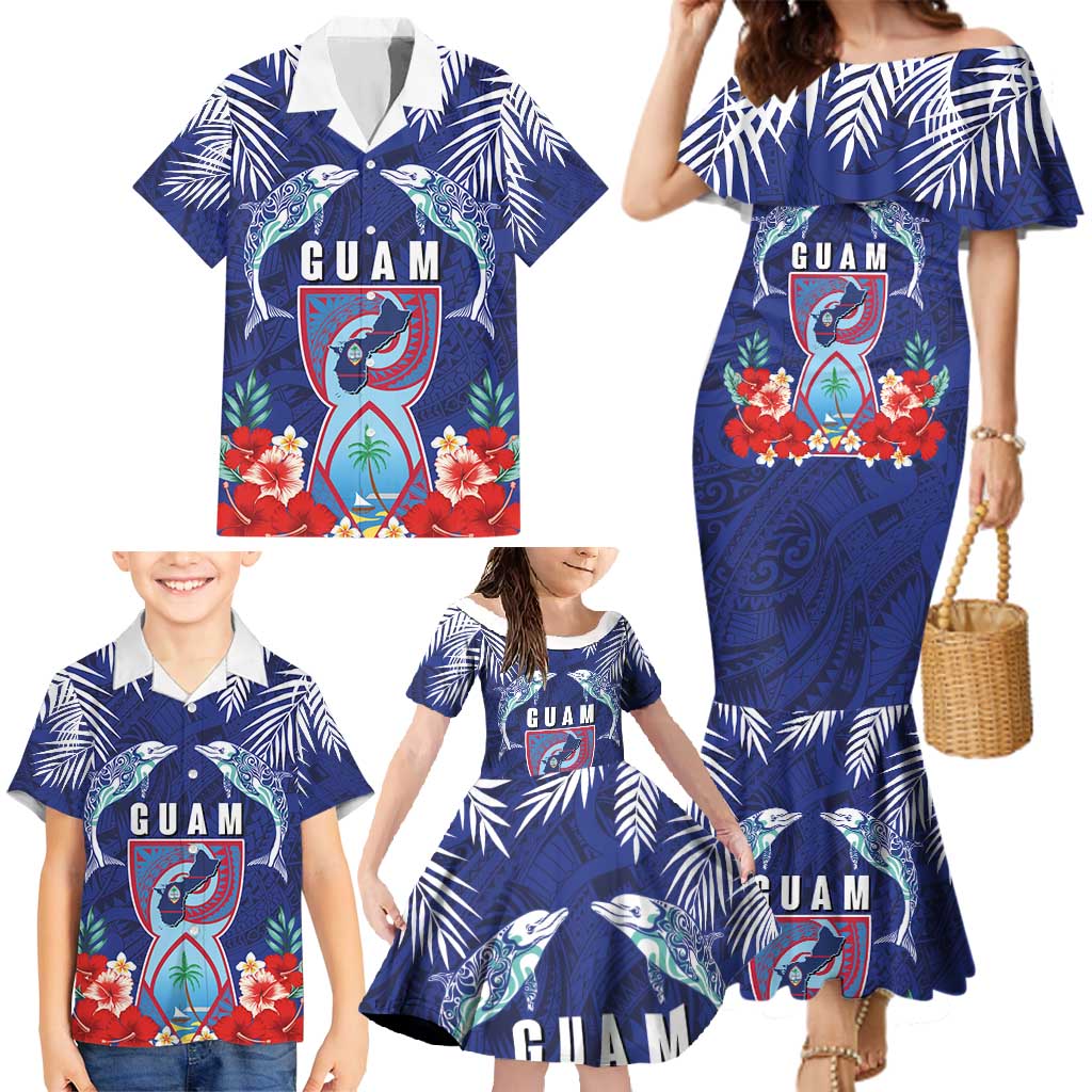 Guam Liberation Day Family Matching Mermaid Dress and Hawaiian Shirt The Tribal Latte Stone and Dolphins with Hibiscus Chamorro Culture