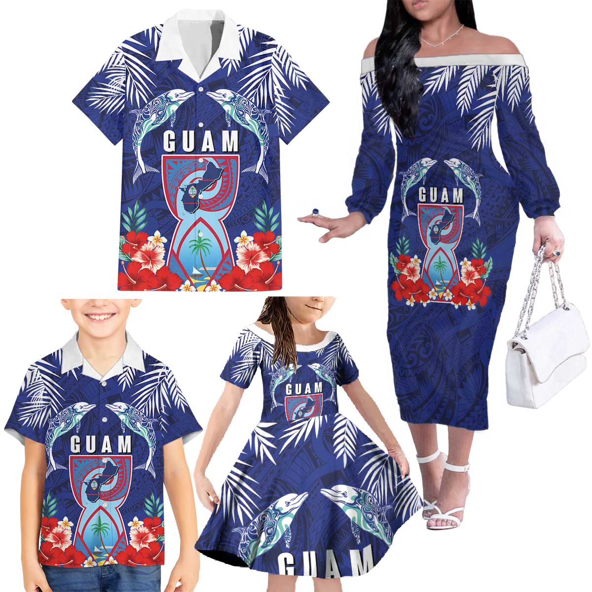 Guam Liberation Day Family Matching Off The Shoulder Long Sleeve Dress and Hawaiian Shirt The Tribal Latte Stone and Dolphins with Hibiscus Chamorro Culture