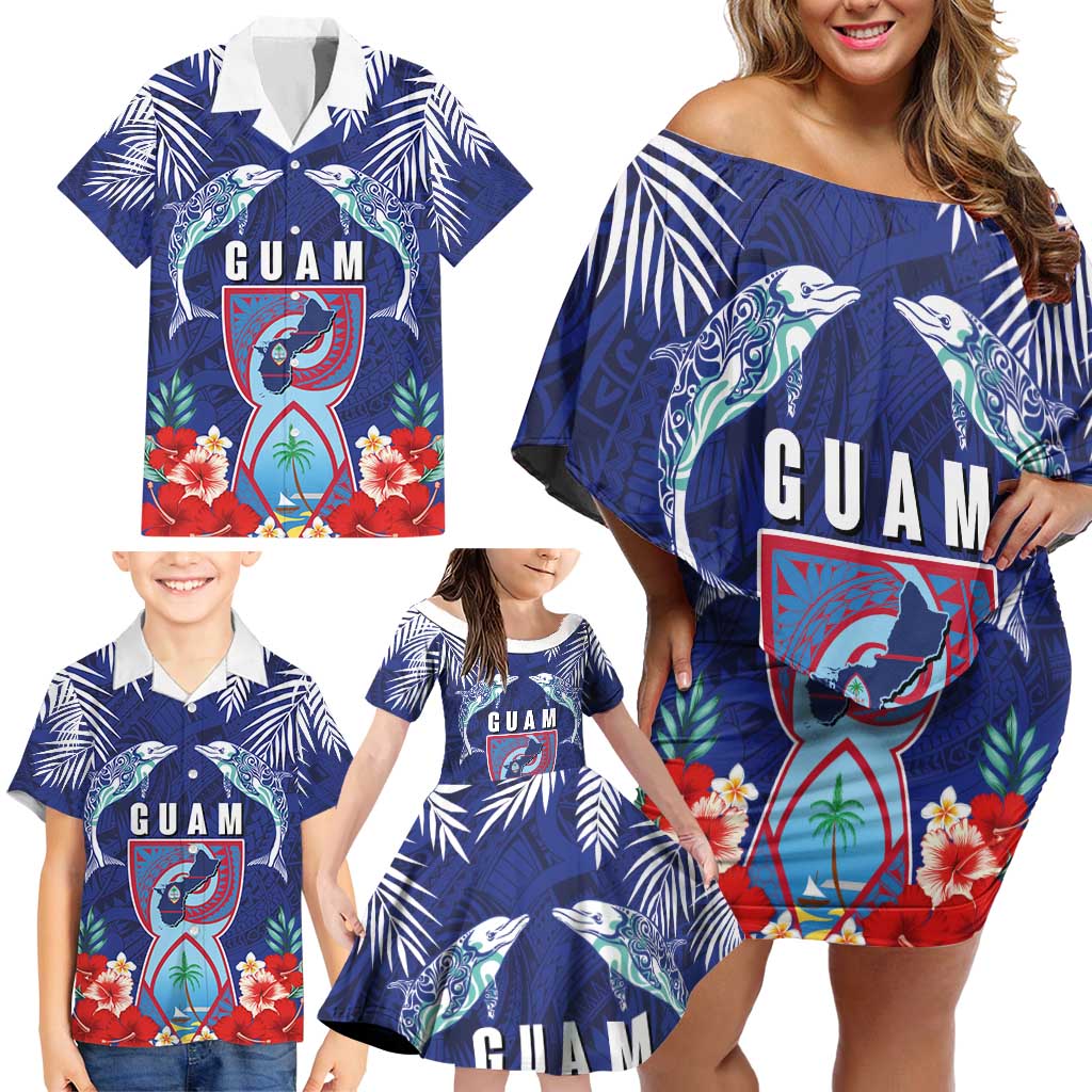 Guam Liberation Day Family Matching Off Shoulder Short Dress and Hawaiian Shirt The Tribal Latte Stone and Dolphins with Hibiscus Chamorro Culture