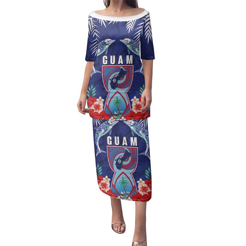 Guam Liberation Day Family Matching Puletasi and Hawaiian Shirt The Tribal Latte Stone and Dolphins with Hibiscus Chamorro Culture