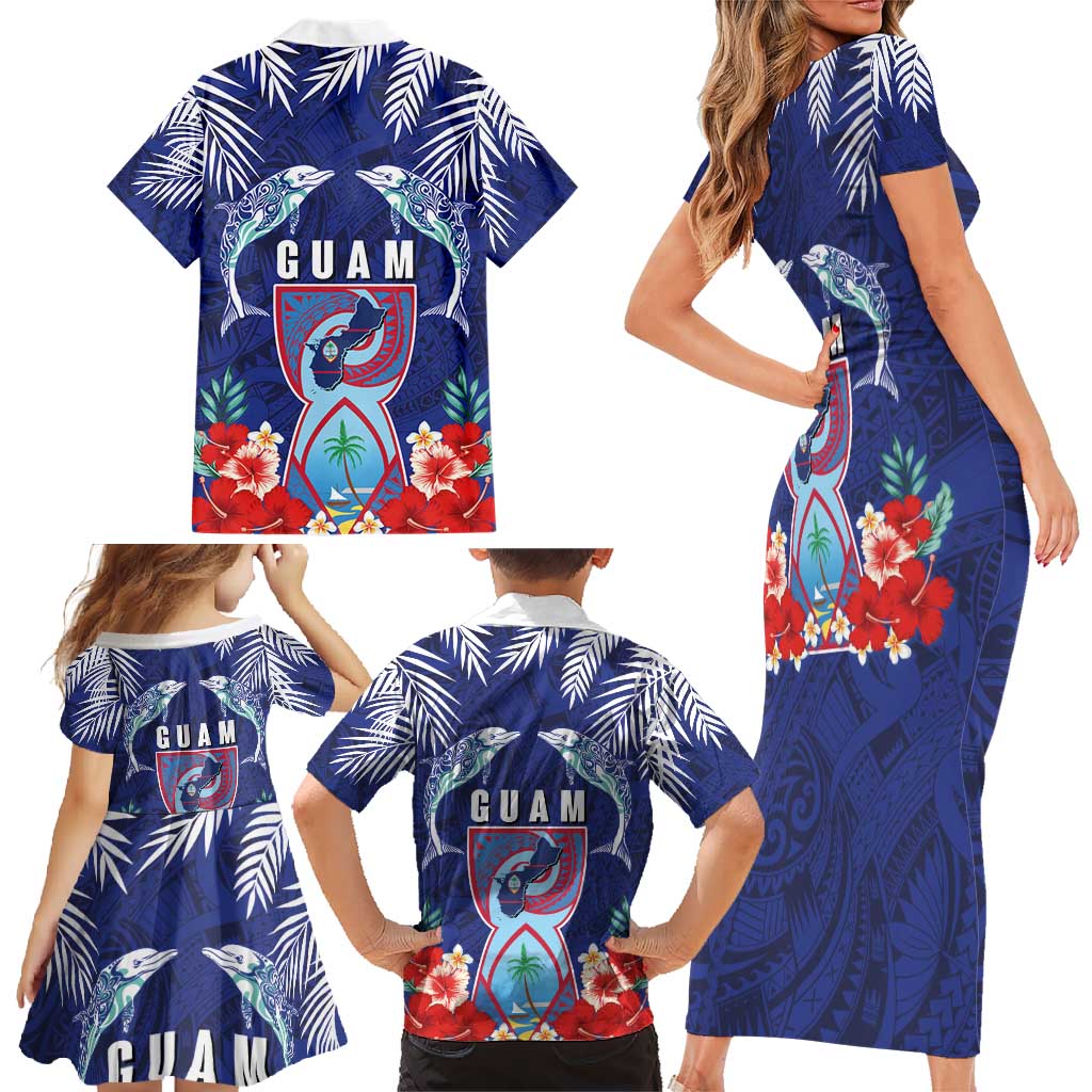 Guam Liberation Day Family Matching Short Sleeve Bodycon Dress and Hawaiian Shirt The Tribal Latte Stone and Dolphins with Hibiscus Chamorro Culture