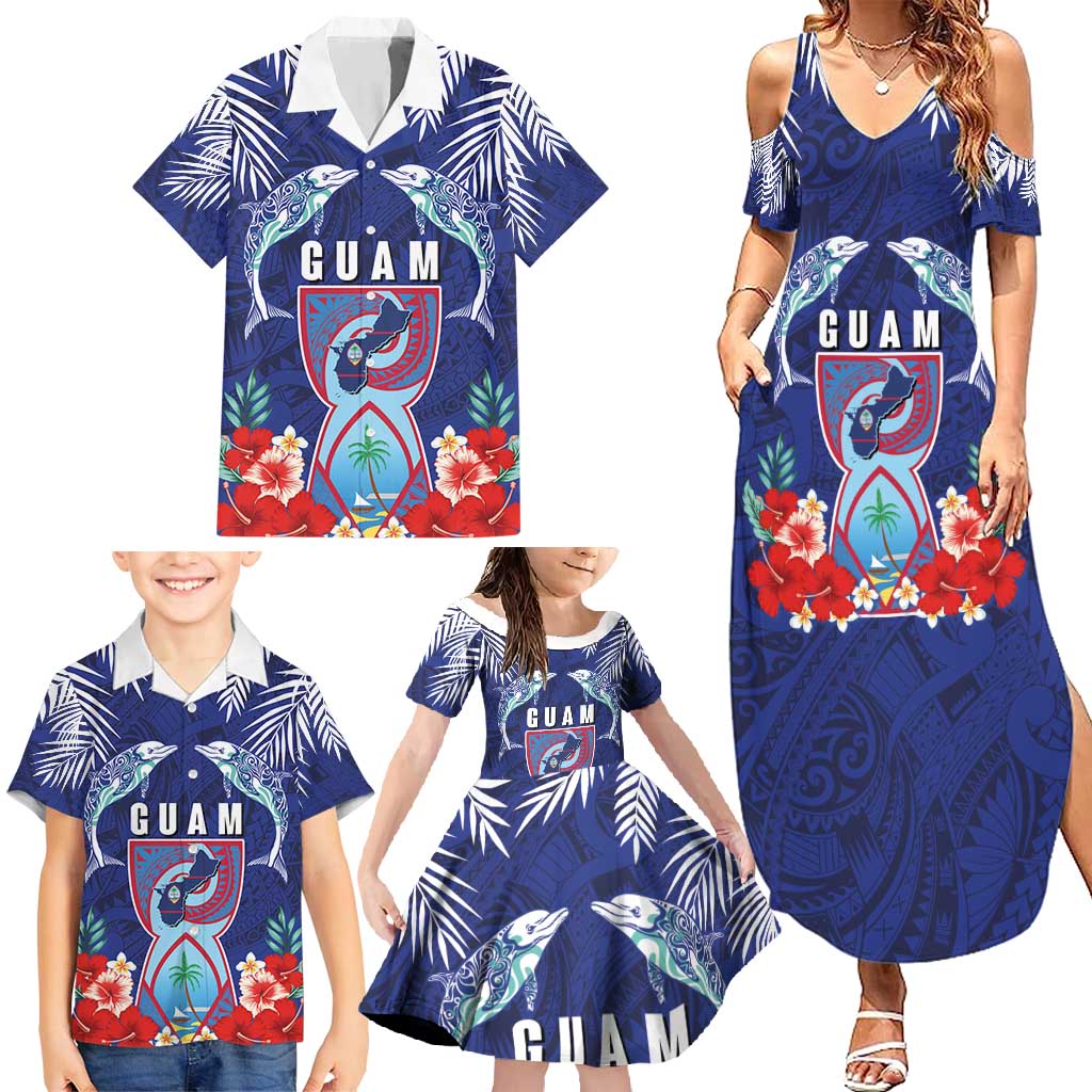 Guam Liberation Day Family Matching Summer Maxi Dress and Hawaiian Shirt The Tribal Latte Stone and Dolphins with Hibiscus Chamorro Culture