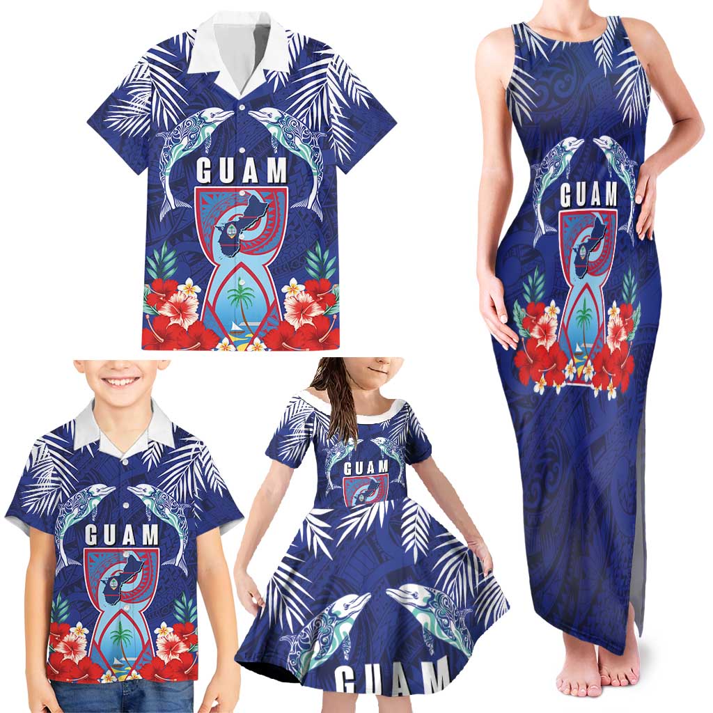 Guam Liberation Day Family Matching Tank Maxi Dress and Hawaiian Shirt The Tribal Latte Stone and Dolphins with Hibiscus Chamorro Culture
