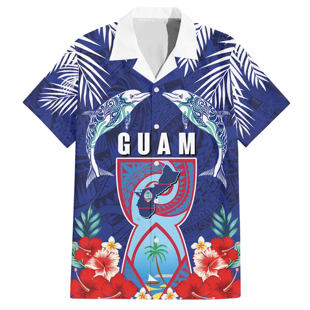 Guam Liberation Day Hawaiian Shirt The Tribal Latte Stone and Dolphins with Hibiscus Chamorro Culture