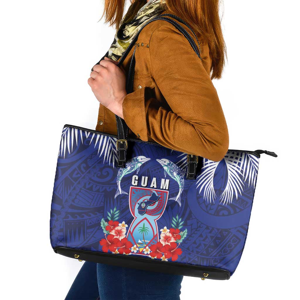 Guam Liberation Day Leather Tote Bag The Tribal Latte Stone and Dolphins with Hibiscus Chamorro Culture