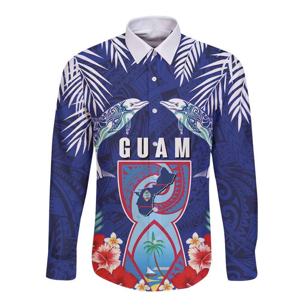 Guam Liberation Day Long Sleeve Button Shirt The Tribal Latte Stone and Dolphins with Hibiscus Chamorro Culture
