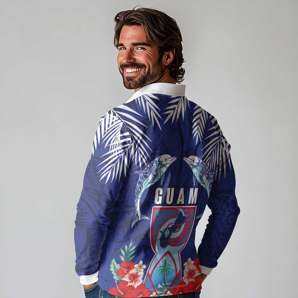 Guam Liberation Day Long Sleeve Polo Shirt The Tribal Latte Stone and Dolphins with Hibiscus Chamorro Culture