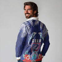 Guam Liberation Day Long Sleeve Polo Shirt The Tribal Latte Stone and Dolphins with Hibiscus Chamorro Culture