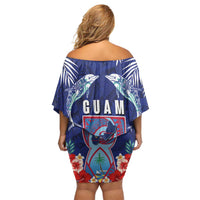 Guam Liberation Day Off Shoulder Short Dress The Tribal Latte Stone and Dolphins with Hibiscus Chamorro Culture