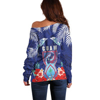 Guam Liberation Day Off Shoulder Sweater The Tribal Latte Stone and Dolphins with Hibiscus Chamorro Culture