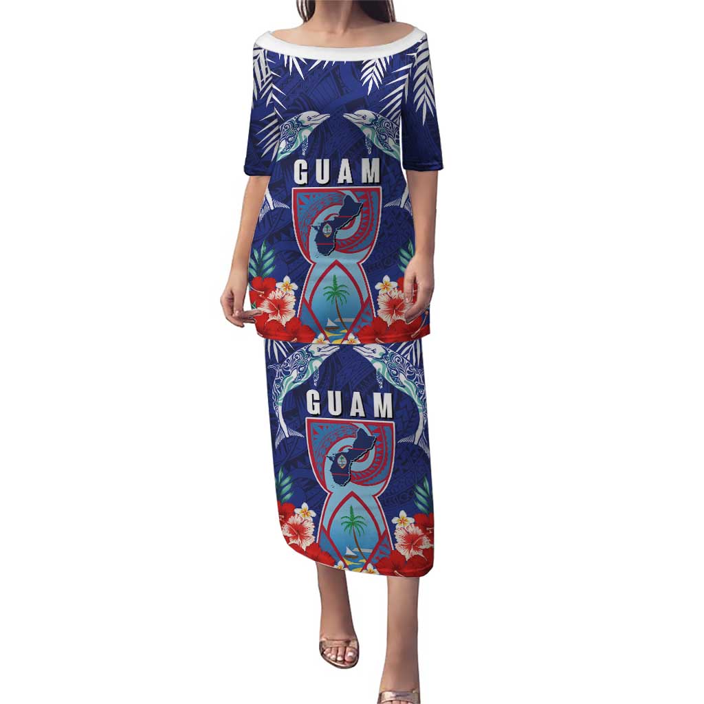 Guam Liberation Day Puletasi The Tribal Latte Stone and Dolphins with Hibiscus Chamorro Culture LT03 Long Dress Blue - Polynesian Pride
