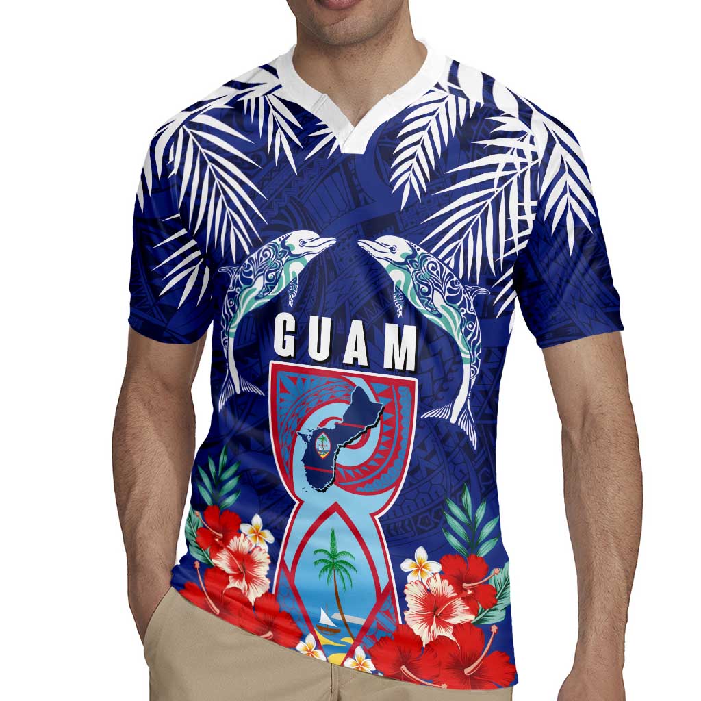 Guam Liberation Day Rugby Jersey The Tribal Latte Stone and Dolphins with Hibiscus Chamorro Culture