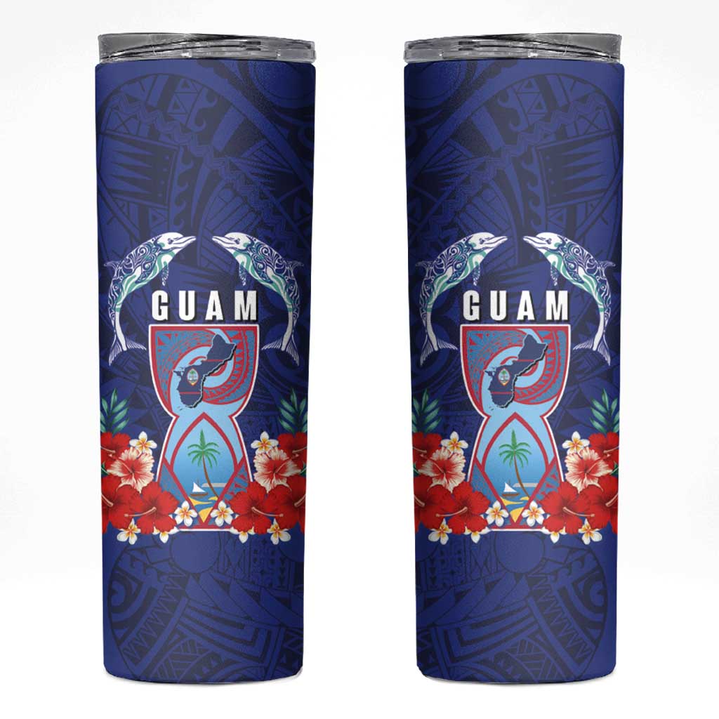 Guam Liberation Day Skinny Tumbler The Tribal Latte Stone and Dolphins with Hibiscus Chamorro Culture