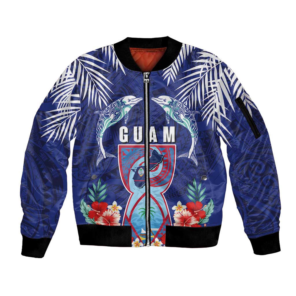 Guam Liberation Day Sleeve Zip Bomber Jacket The Tribal Latte Stone and Dolphins with Hibiscus Chamorro Culture