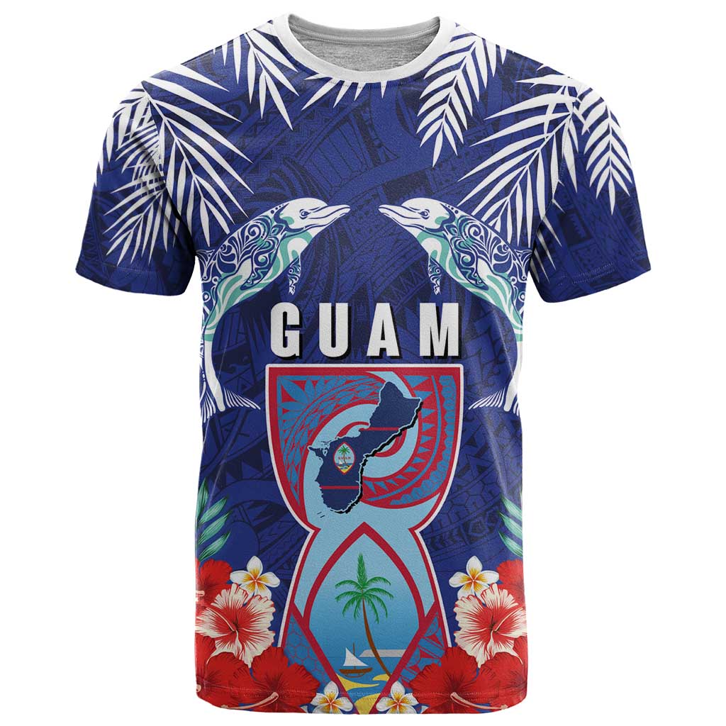 Guam Liberation Day T Shirt The Tribal Latte Stone and Dolphins with Hibiscus Chamorro Culture