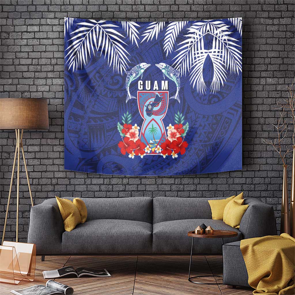 Guam Liberation Day Tapestry The Tribal Latte Stone and Dolphins with Hibiscus Chamorro Culture