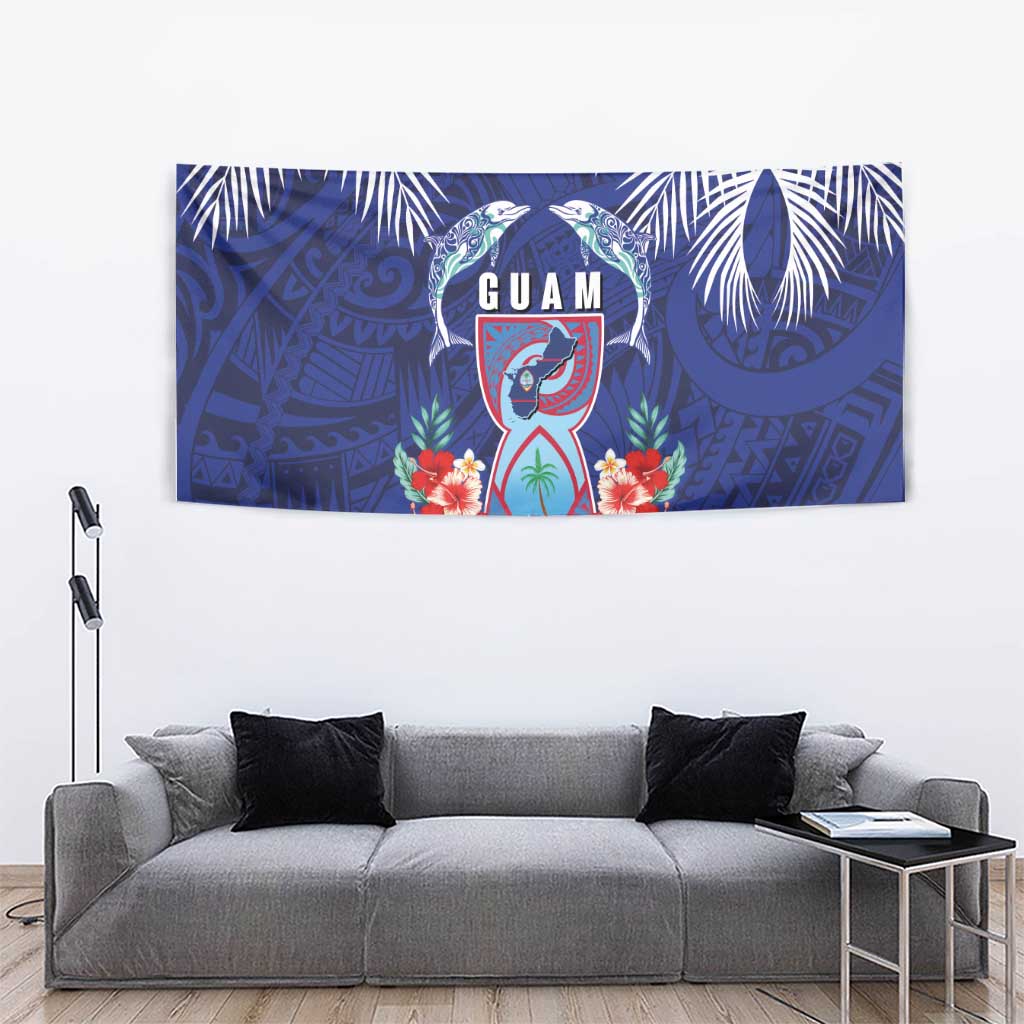 Guam Liberation Day Tapestry The Tribal Latte Stone and Dolphins with Hibiscus Chamorro Culture