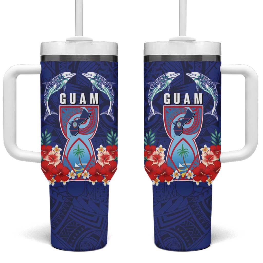 Guam Liberation Day Tumbler With Handle The Tribal Latte Stone and Dolphins with Hibiscus Chamorro Culture