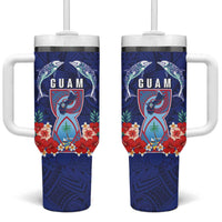Guam Liberation Day Tumbler With Handle The Tribal Latte Stone and Dolphins with Hibiscus Chamorro Culture