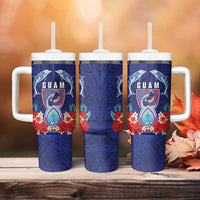 Guam Liberation Day Tumbler With Handle The Tribal Latte Stone and Dolphins with Hibiscus Chamorro Culture
