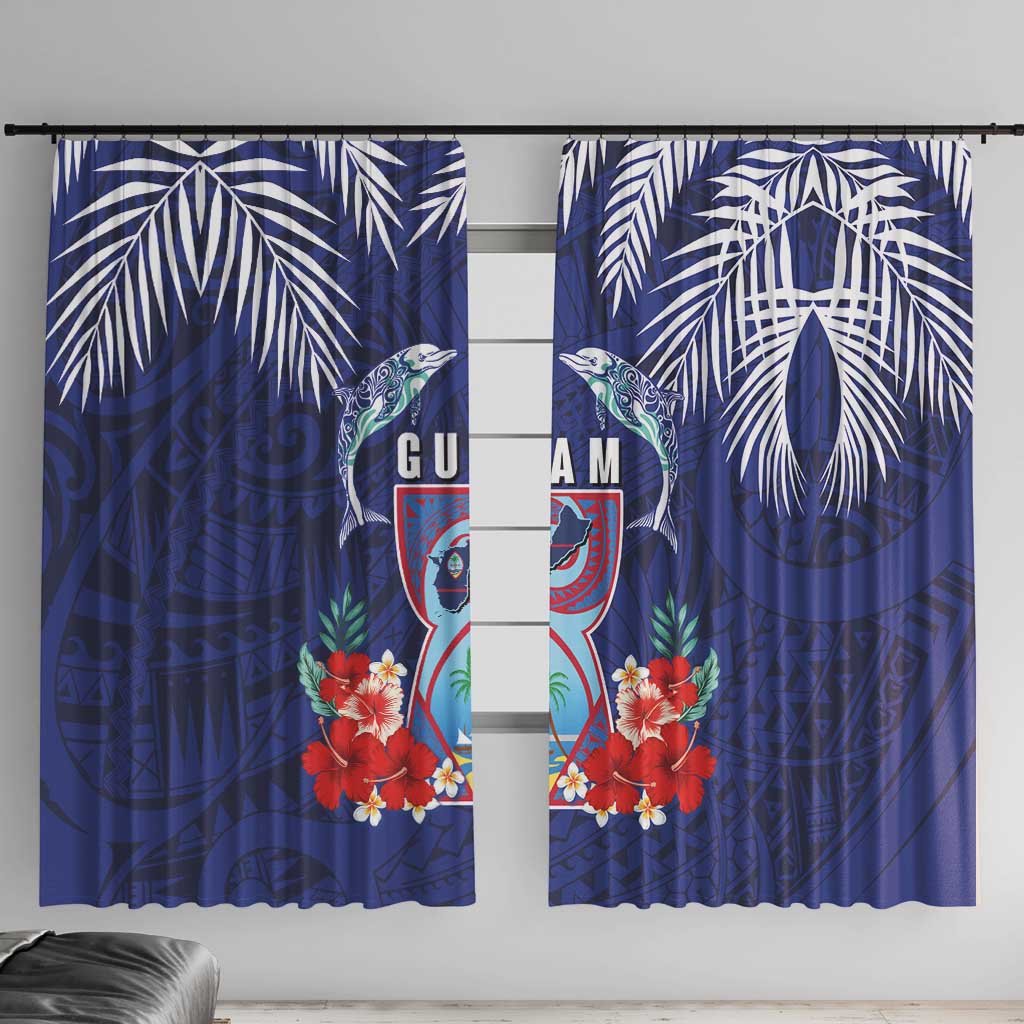 Guam Liberation Day Window Curtain The Tribal Latte Stone and Dolphins with Hibiscus Chamorro Culture LT03 With Hooks Blue - Polynesian Pride