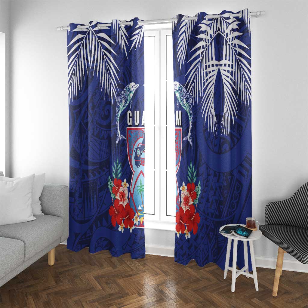 Guam Liberation Day Window Curtain The Tribal Latte Stone and Dolphins with Hibiscus Chamorro Culture LT03 With Grommets Blue - Polynesian Pride
