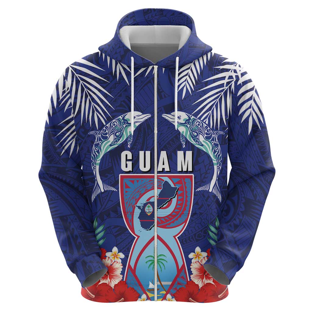 Guam Liberation Day Zip Hoodie The Tribal Latte Stone and Dolphins with Hibiscus Chamorro Culture