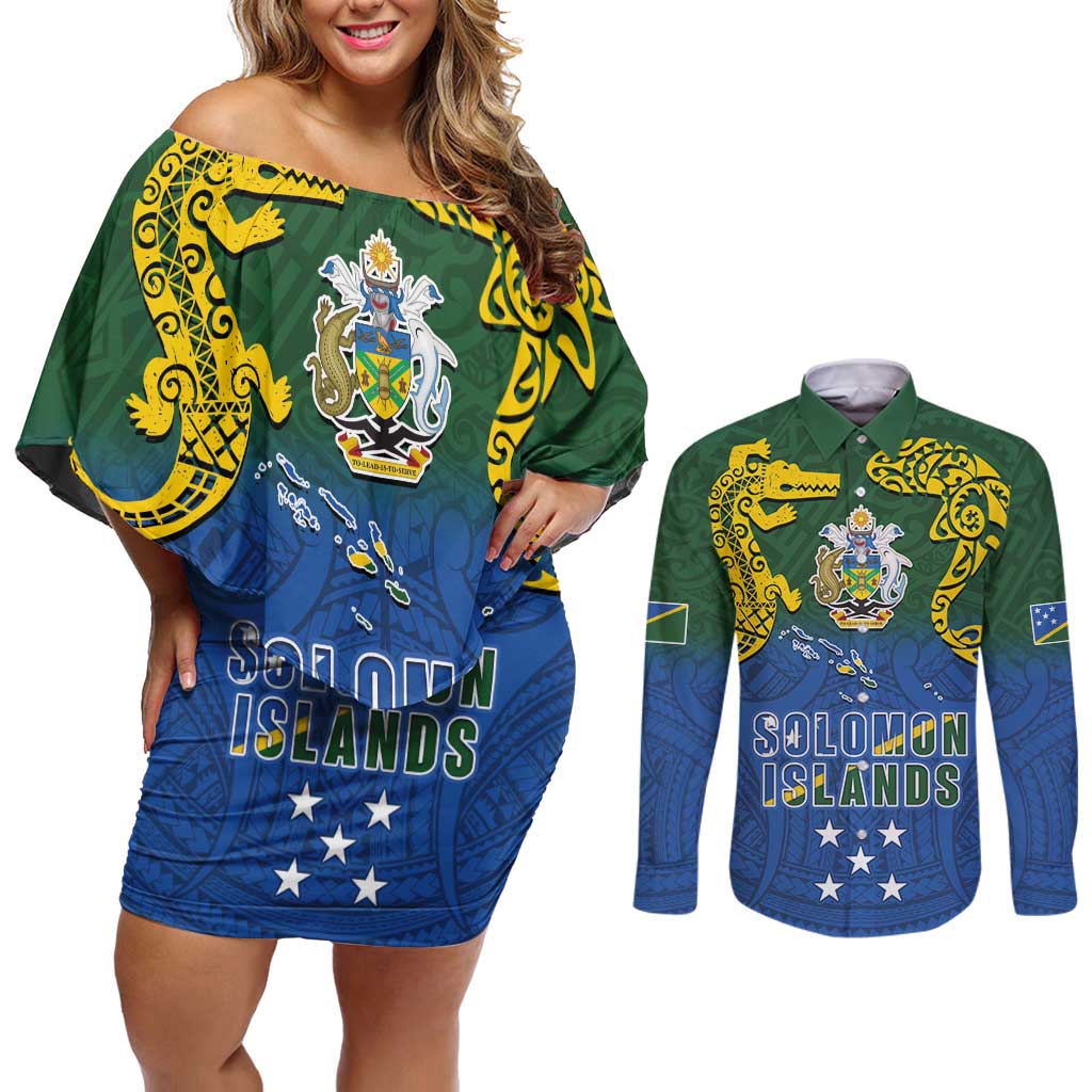 Solomon Islands Couples Matching Off Shoulder Short Dress and Long Sleeve Button Shirt The Guardians-Tribal Crocodile and Shark Melanesian Tattoo