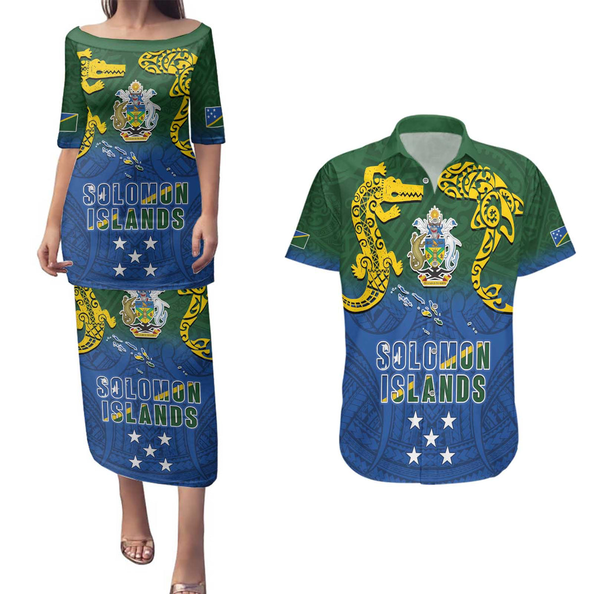 Solomon Islands Couples Matching Puletasi and Hawaiian Shirt The Guardians-Tribal Crocodile and Shark Melanesian Tattoo