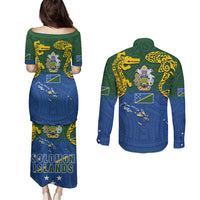 Solomon Islands Couples Matching Puletasi and Long Sleeve Button Shirt The Guardians-Tribal Crocodile and Shark Melanesian Tattoo LT03 - Polynesian Pride