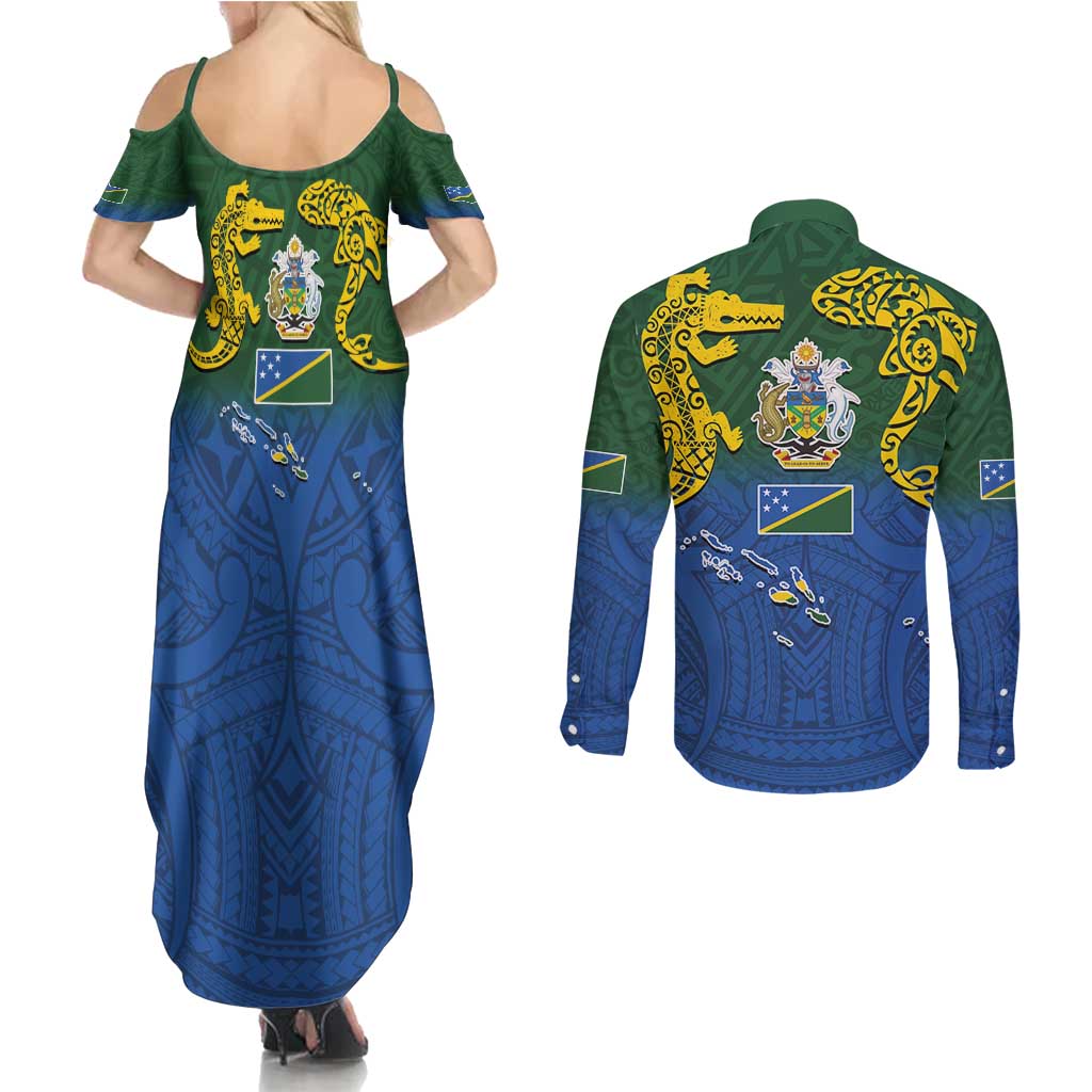 Solomon Islands Couples Matching Summer Maxi Dress and Long Sleeve Button Shirt The Guardians-Tribal Crocodile and Shark Melanesian Tattoo