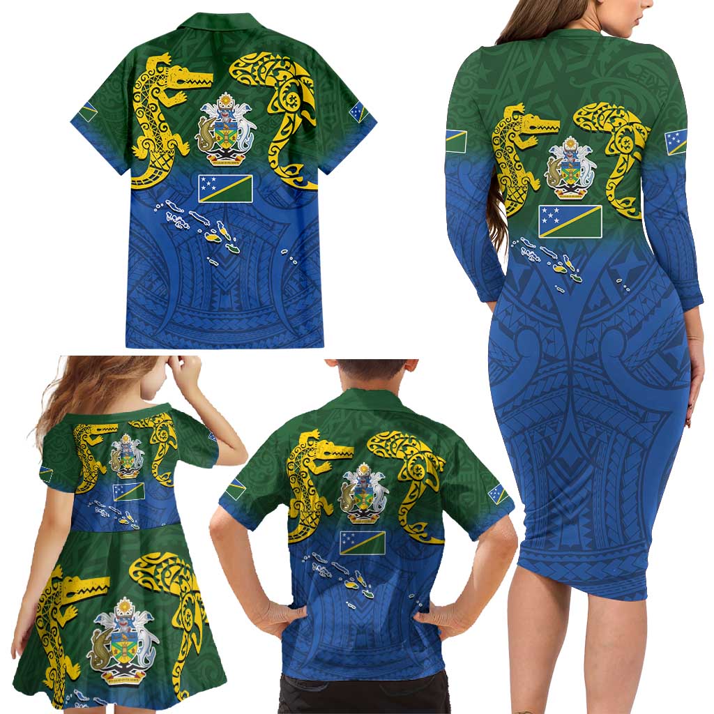 Solomon Islands Family Matching Long Sleeve Bodycon Dress and Hawaiian Shirt The Guardians-Tribal Crocodile and Shark Melanesian Tattoo LT03 - Polynesian Pride