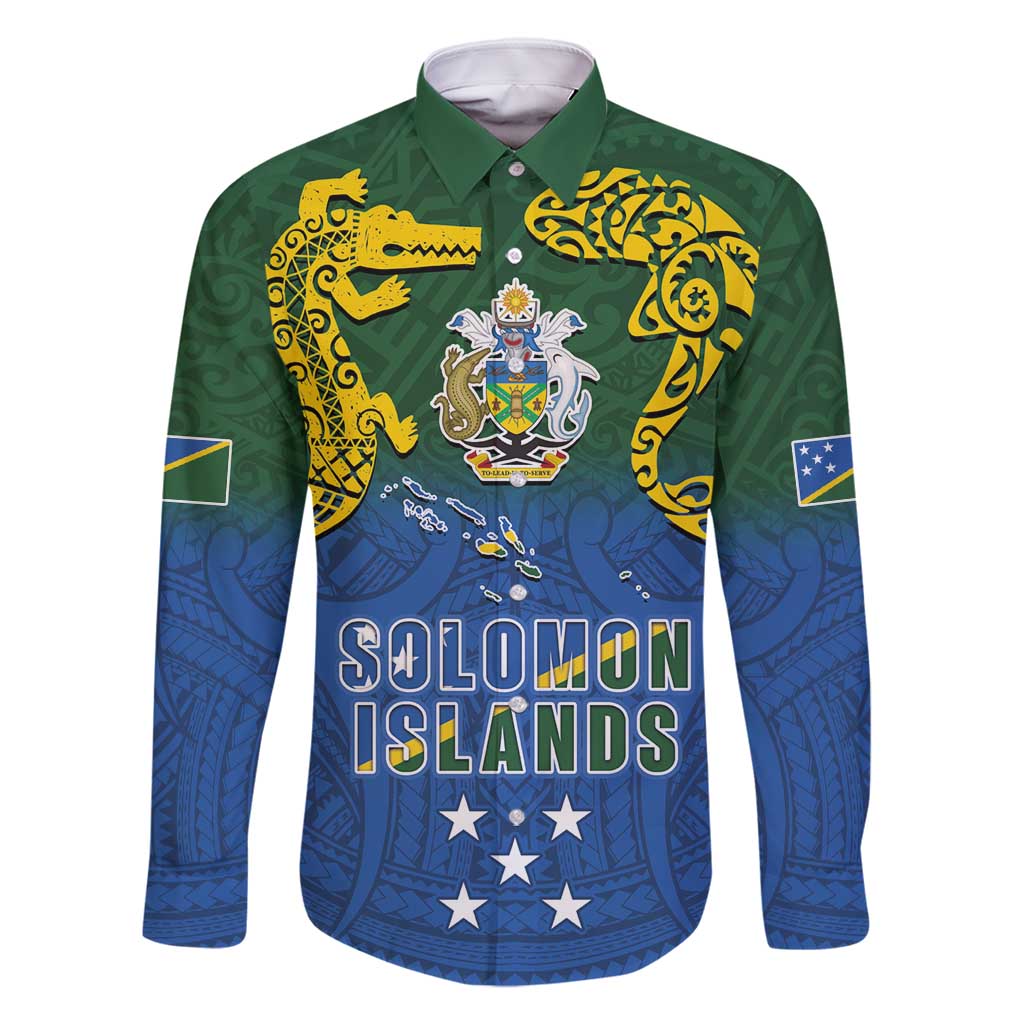 Solomon Islands Family Matching Long Sleeve Bodycon Dress and Hawaiian Shirt The Guardians-Tribal Crocodile and Shark Melanesian Tattoo LT03 Dad's Shirt - Long Sleeve Green - Polynesian Pride