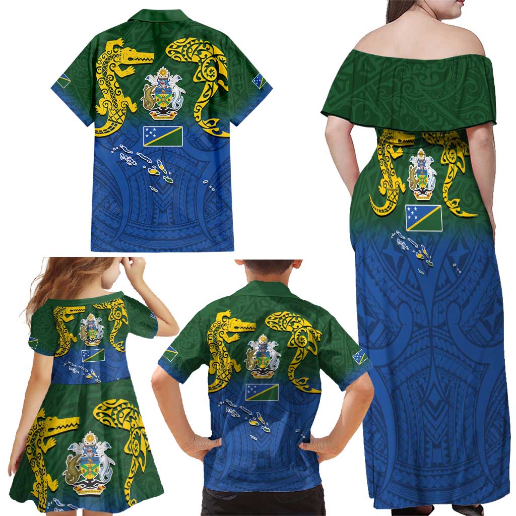 Solomon Islands Family Matching Off Shoulder Maxi Dress and Hawaiian Shirt The Guardians-Tribal Crocodile and Shark Melanesian Tattoo