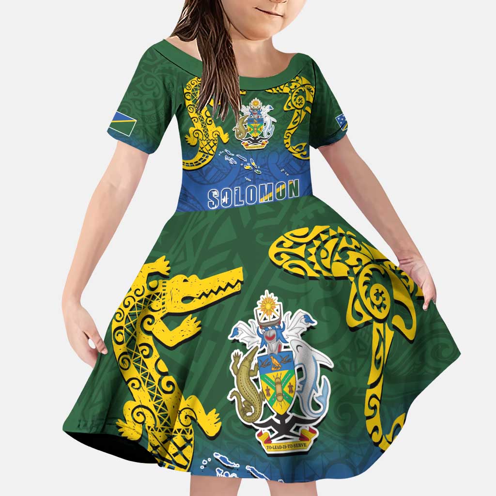 Solomon Islands Family Matching Puletasi and Hawaiian Shirt The Guardians-Tribal Crocodile and Shark Melanesian Tattoo LT03 Daughter's Dress Green - Polynesian Pride