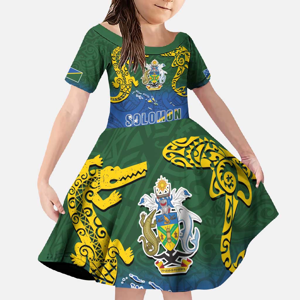 Solomon Islands Family Matching Short Sleeve Bodycon Dress and Hawaiian Shirt The Guardians-Tribal Crocodile and Shark Melanesian Tattoo LT03 Daughter's Dress Green - Polynesian Pride