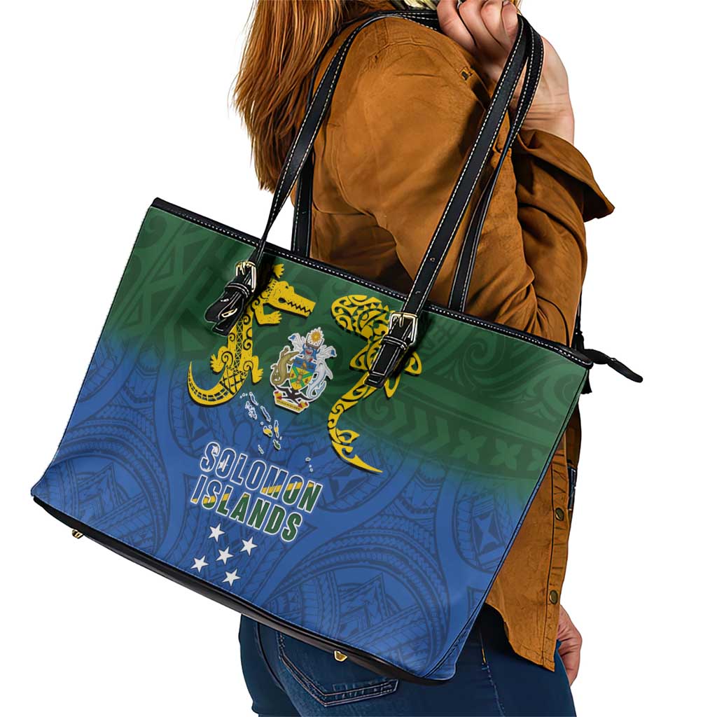 Solomon Islands Leather Tote Bag The Guardians-Tribal Crocodile and Shark Melanesian Tattoo