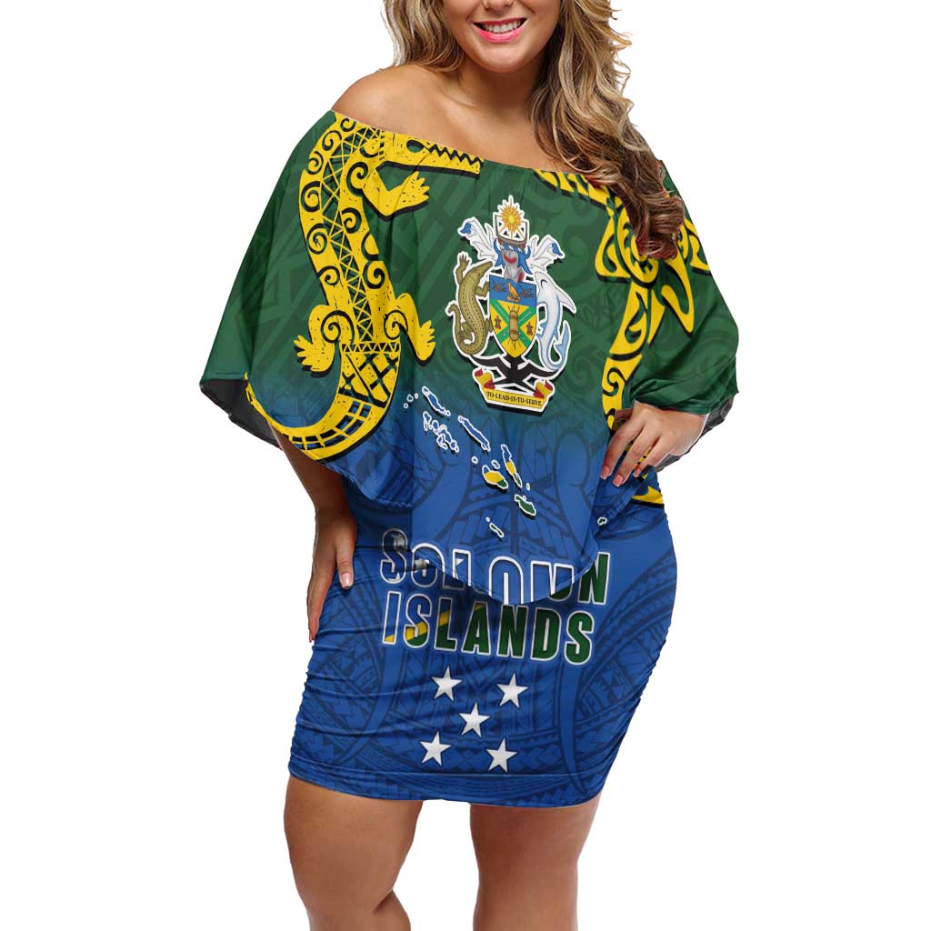 Solomon Islands Off Shoulder Short Dress The Guardians-Tribal Crocodile and Shark Melanesian Tattoo