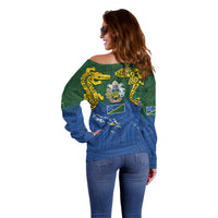 Solomon Islands Off Shoulder Sweater The Guardians-Tribal Crocodile and Shark Melanesian Tattoo