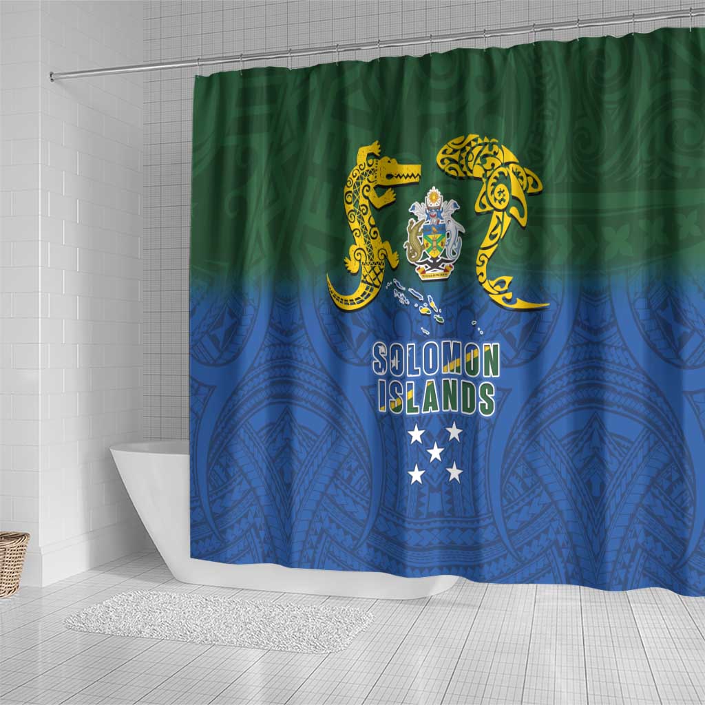 Solomon Islands Shower Curtain The Guardians-Tribal Crocodile and Shark Melanesian Tattoo