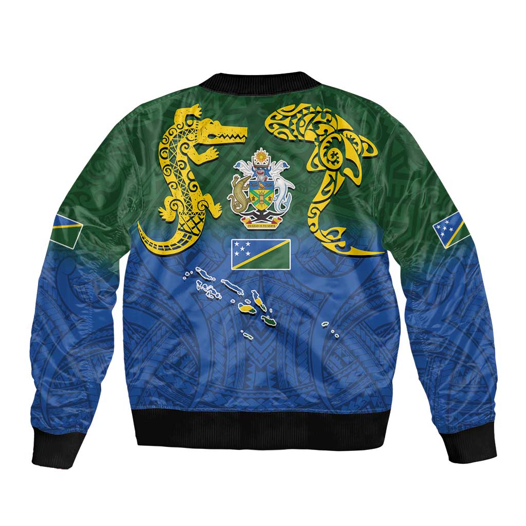 Solomon Islands Sleeve Zip Bomber Jacket The Guardians-Tribal Crocodile and Shark Melanesian Tattoo