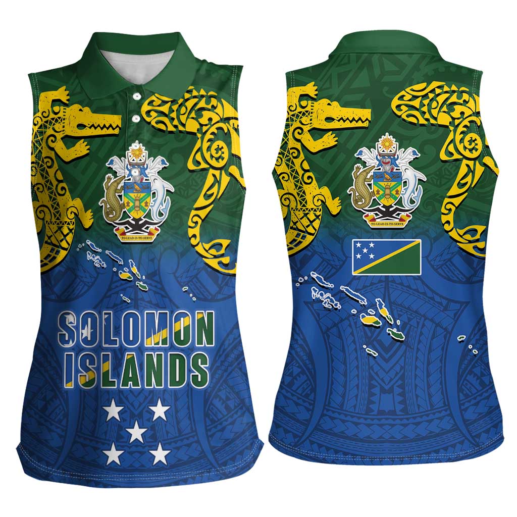 Solomon Islands Women Sleeveless Polo Shirt The Guardians-Tribal Crocodile and Shark Melanesian Tattoo LT03 - Polynesian Pride