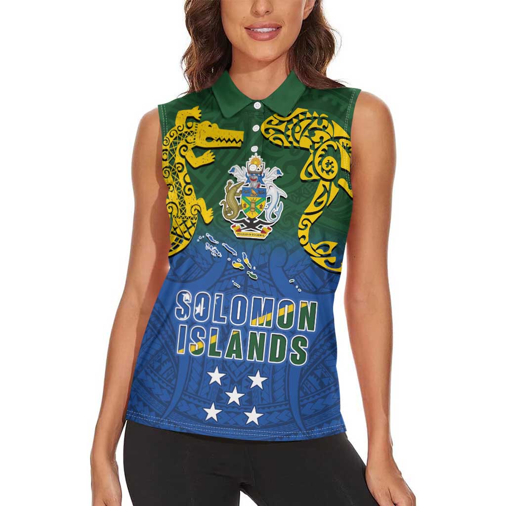 Solomon Islands Women Sleeveless Polo Shirt The Guardians-Tribal Crocodile and Shark Melanesian Tattoo LT03 - Polynesian Pride