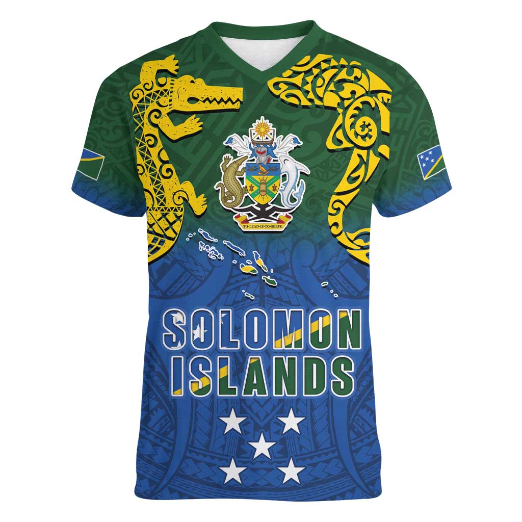 Solomon Islands Women V-Neck T-Shirt The Guardians-Tribal Crocodile and Shark Melanesian Tattoo