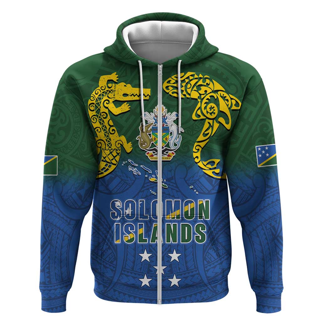 Solomon Islands Zip Hoodie The Guardians-Tribal Crocodile and Shark Melanesian Tattoo
