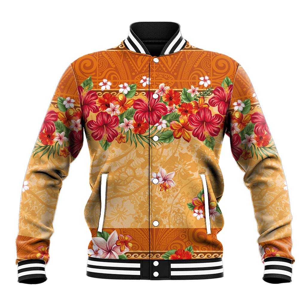 Hawaii Hibiscus Baseball Jacket Turtles and Tribal Motifs Vintage Floral Style LT03 Unisex Yellow - Polynesian Pride