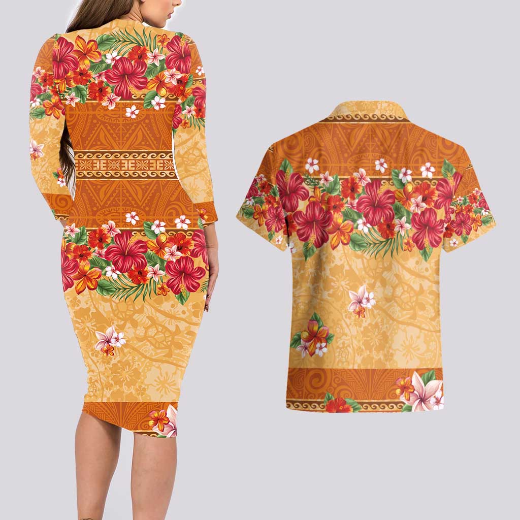 Hawaii Hibiscus Couples Matching Long Sleeve Bodycon Dress and Hawaiian Shirt Turtles and Tribal Motifs Vintage Floral Style LT03 - Polynesian Pride