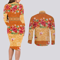 Hawaii Hibiscus Couples Matching Long Sleeve Bodycon Dress and Long Sleeve Button Shirt Turtles and Tribal Motifs Vintage Floral Style LT03 - Polynesian Pride