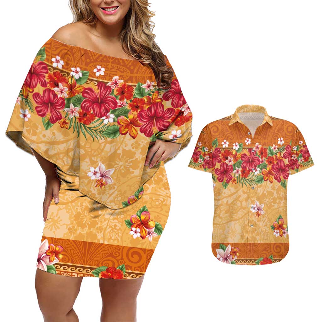 Hawaii Hibiscus Couples Matching Off Shoulder Short Dress and Hawaiian Shirt Turtles and Tribal Motifs Vintage Floral Style