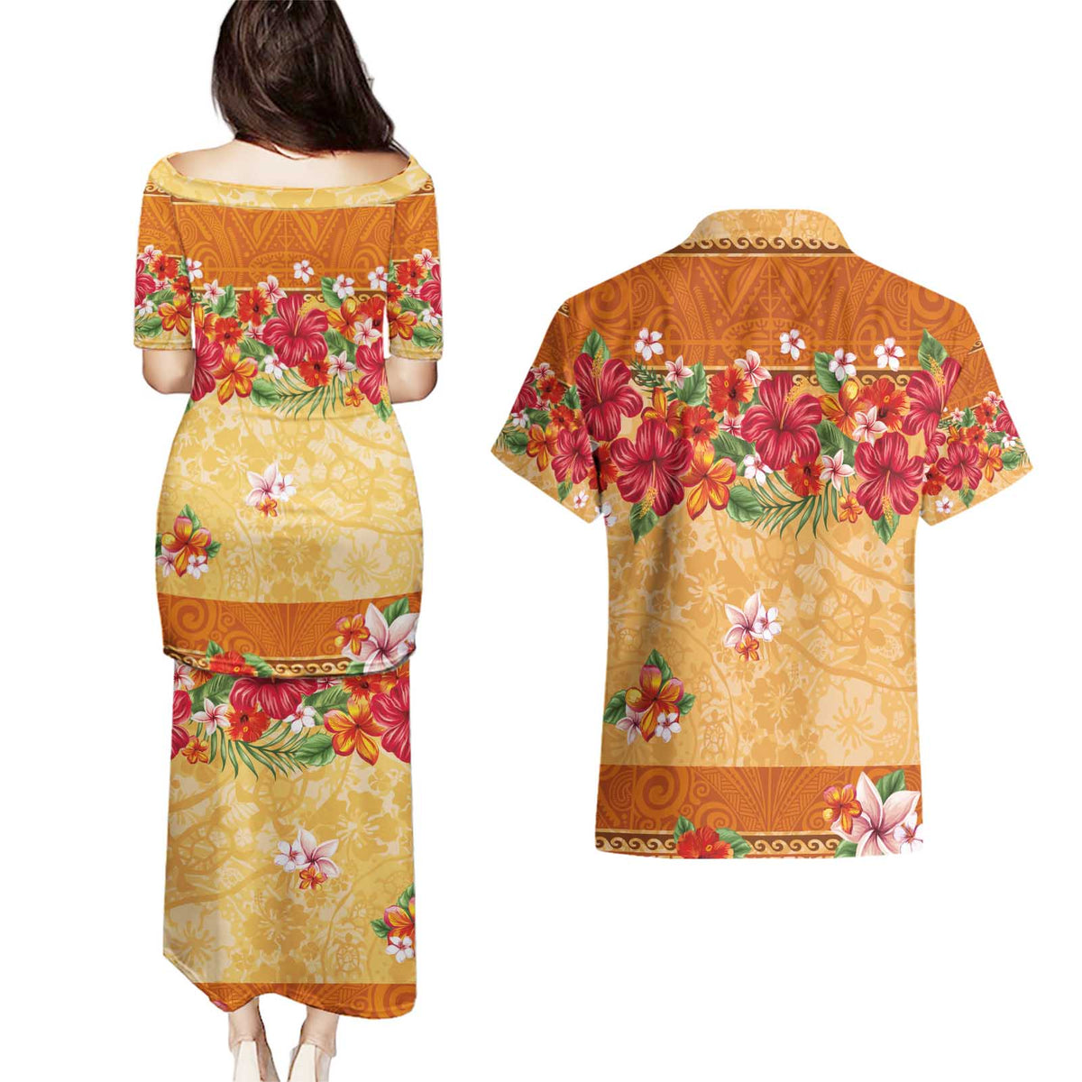 Hawaii Hibiscus Couples Matching Puletasi and Hawaiian Shirt Turtles and Tribal Motifs Vintage Floral Style